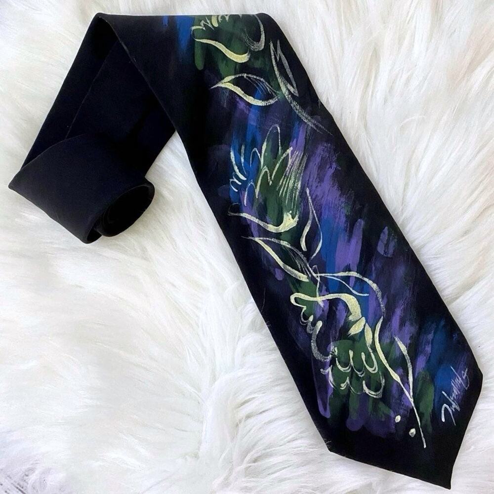 Vintage 90's Paul Rodon Couture Hand Painted Abstract Floral Design Silk Tie
